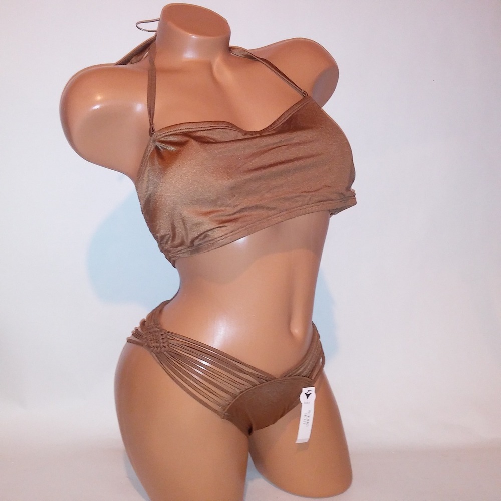 Victoria Secret Swim Bikini XL Top Medium Bottom Brown Macrame Strappy Bandeau